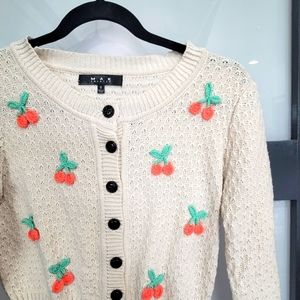 MAK Crop Sweater Cardigan Cherry Embroidered Fall Cozy Cream Beige Knit Small